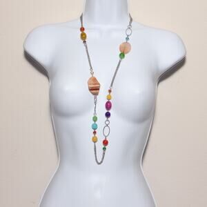 Multicolor Long Silvertone Glass Bead and Stone Necklace